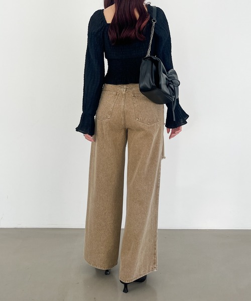 ENODA ベージュ ダメージデニム ハイウエスト　ベルト付き　フレアパンツ Heather ジーンズ デニム デニムパンツ ハイウエストダメージ