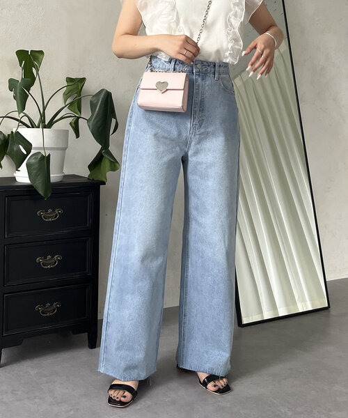 パンツ デニム ジーンズ ハートポケットハイウエストワイドストレート  
