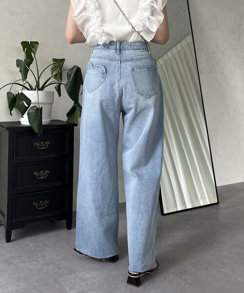 パンツ デニム ジーンズ ハートポケットハイウエストワイドストレート  