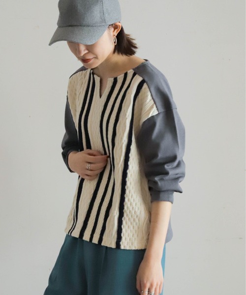 NOMBRE IMPAIR tシャツ パターンJQボーダー 8分袖コンビP/O