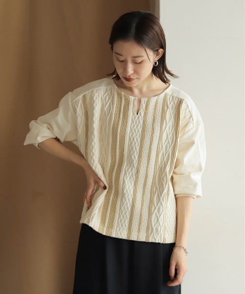 tシャツ ボーダーコンビネーションTシャツ レディース NOMBRE IMPAIR tシャツ パターンJQボーダー 8分袖コンビP/O