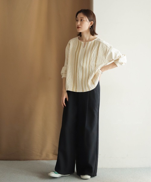 tシャツ ボーダーコンビネーションTシャツ レディース NOMBRE IMPAIR tシャツ パターンJQボーダー 8分袖コンビP/O
