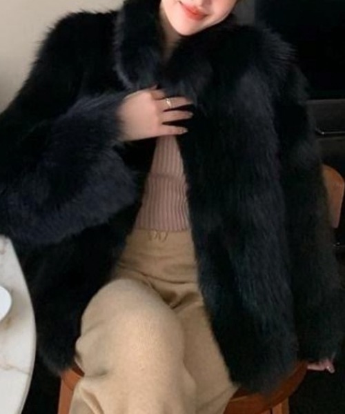 ブラウンファーコート ボリュームスリーブ おしゃれスタ コート アウター ボリュームフェイクファーコート