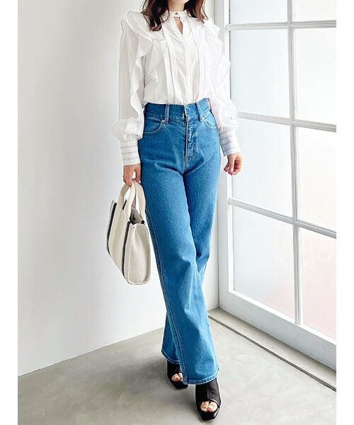 パンツ ハイウエストストレートストレッチデニム レディース