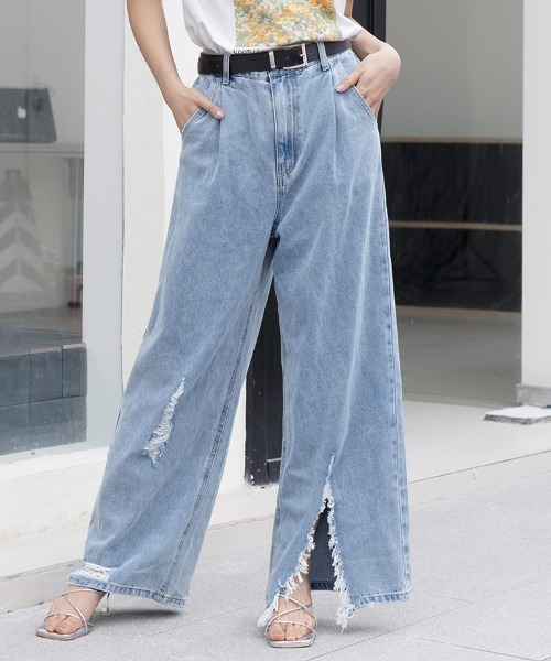  Jeans girl デニム　ワイドパンツ　バギー 　ジャンプスーツ ワイドパンツ ジーンズ デニム デニムパンツ ダメージバギーデニム