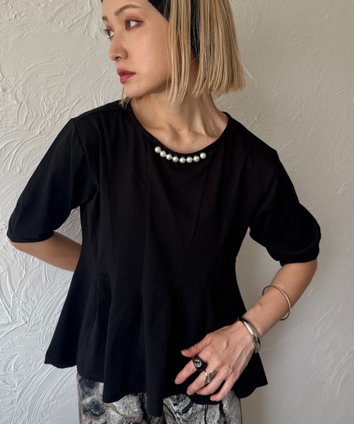 tシャツ パール付きペプラムTシャツ レディース