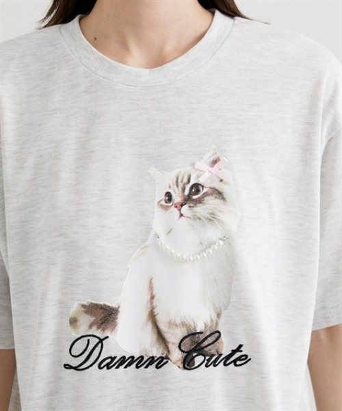 ニッセン（nissen） tシャツ パールモチーフ付ねこちゃんプリントT