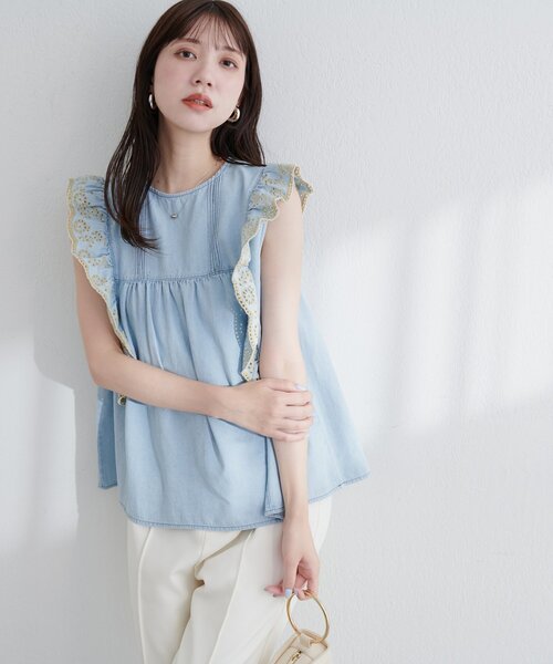 ブラウス シャツ 「WEB限定」デニム刺繍フリルブラウス レディース natural couture ブラウス シャツ 「WEB限定」デニム刺繍フリル