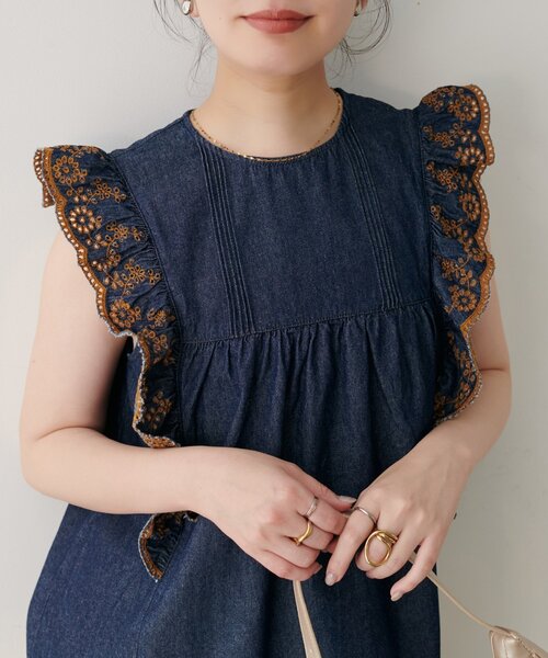 ブラウス シャツ 「WEB限定」デニム刺繍フリルブラウス レディース natural couture ブラウス シャツ 「WEB限定」デニム刺繍フリル