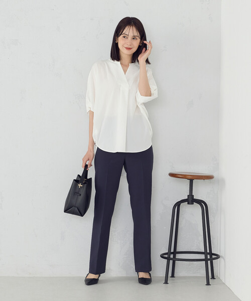 「COMME CA ISM」 半袖ブラウス FREE ホワイト×ネイビー レディース_画像3