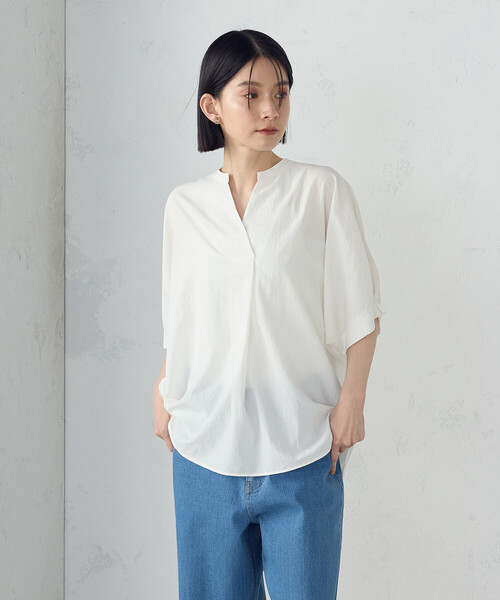 「COMME CA ISM」 半袖ブラウス FREE ホワイト×ネイビー レディース_画像5