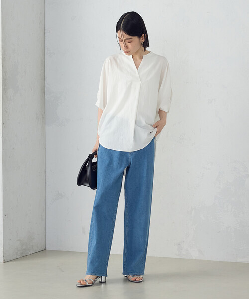 「COMME CA ISM」 半袖ブラウス FREE ホワイト×ネイビー レディース_画像8