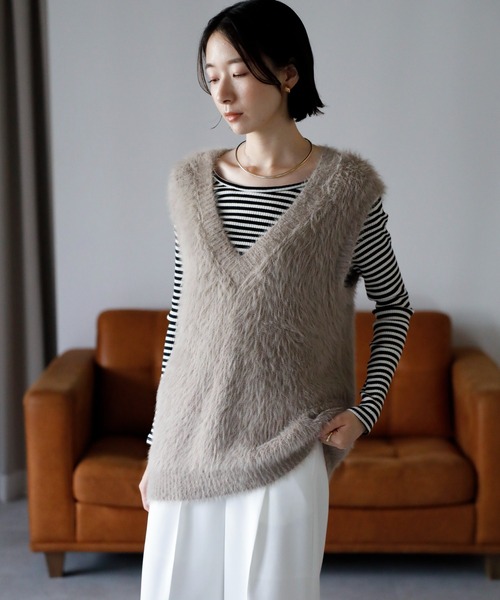 amini ベスト ジレ シャギーVネックニットベスト レディース