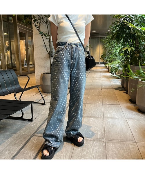 ジーンズ デニム デニムパンツ ドット柄ストレートデニム レディース