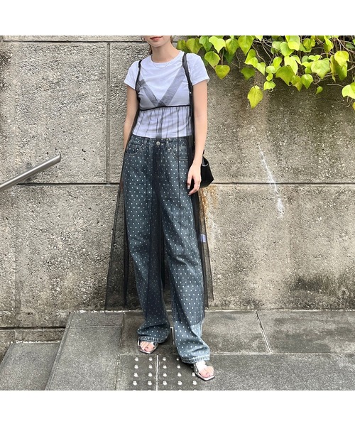 ジーンズ デニム デニムパンツ ドット柄ストレートデニム レディース