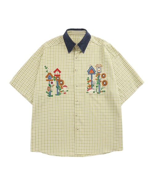 わ*ん様 house on the hill チェック柄 半袖Tシャツ 刺繍入り シャツ 半袖 「HOOK」レトロ調刺繍入りチェック柄半袖シャツ (SS