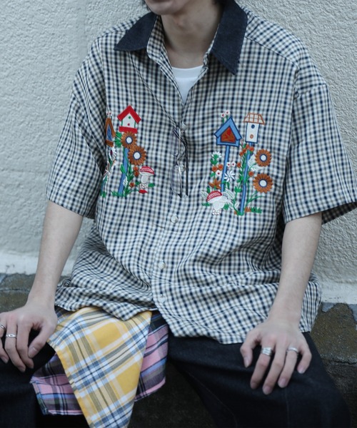 シャツ 半袖 「HOOK」レトロ調刺繍入りチェック柄半袖シャツ (SS