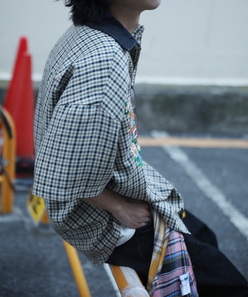 シャツ 半袖 「HOOK」レトロ調刺繍入りチェック柄半袖シャツ (SS