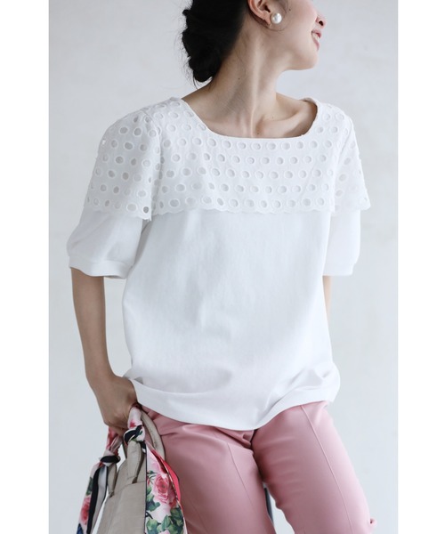 【THEAIRTOWN】レースアップ ワイドネック ポケット Ｔシャツ 胸ポケットレース刺繍カットソー（Tシャツ/カットソー）｜Sawa a