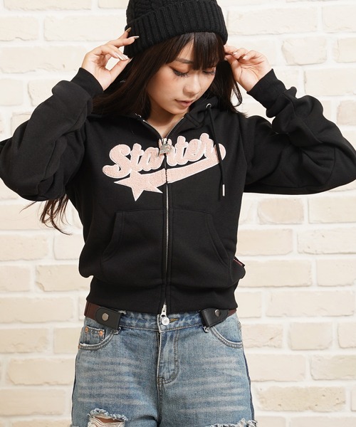 パーカー STARTER サガラ刺繍ワッペン ショート丈 ジップパーカー / Sagara Embroidery Patch Short Length STARTER BLACK LABEL パーカー サガラ刺繍ワッペン ショート丈