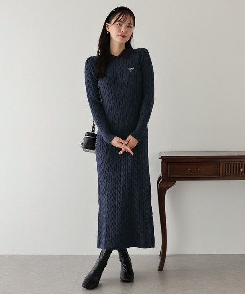 BLUEEAST（ブルーイースト） ワンピース リボン刺繍ポロケーブルニット
