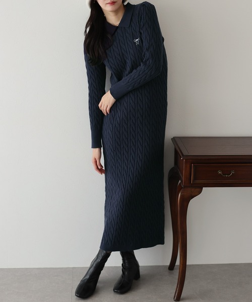 美品♡ セオリー ロイヤルウール ケーブルニットロングワンピース S ネイビー BLUEEAST（ブルーイースト） ワンピース リボン刺繍ポロケーブルニット