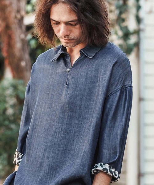 CAMBIO シャツ ms5950-Silky Denim Band Collar Leopard Accent