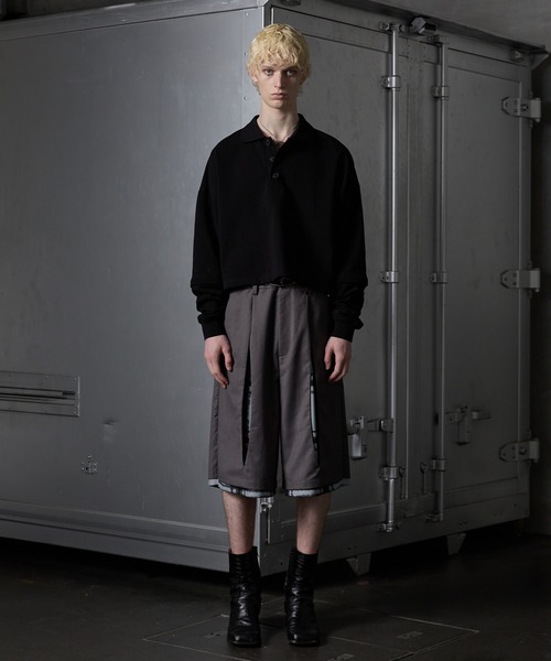 GRANCY ボタンレイヤードデザインナイロンパンツ ブラック　Lサイズ GRANCY】Button Layered Design Nylon Pants / ボタンレイヤード