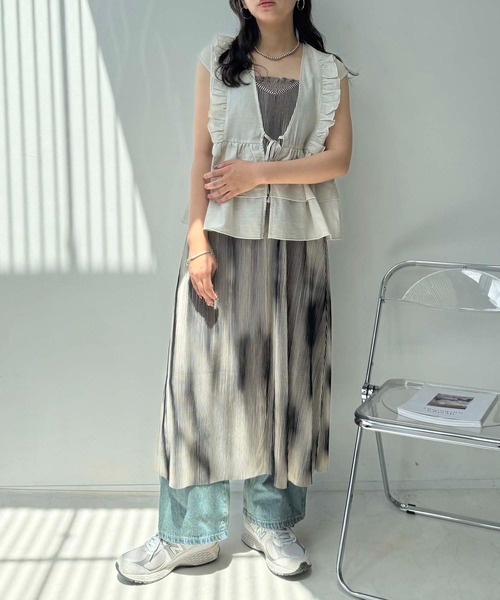 カ*オ様 エルサ　ジレ AS KNOW ベスト ジレ ○ナチュラルフリル 麻混 結びリボンベスト