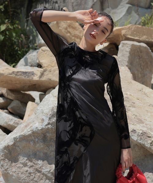 ドレス アシメ切替フロッキーワンピースドレス（キャミワンピース付）「Callarus」