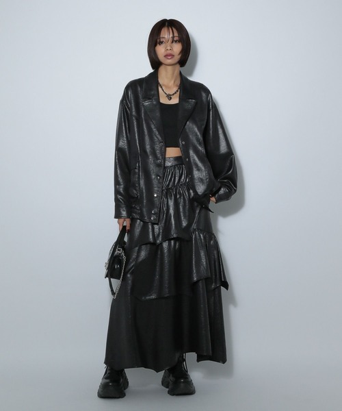pageboy ライトフェイクレザーティアードスカート　黒　定価13,200円 PAGEBOY（ページボーイ） スカート ライトフェイクレザーティアード