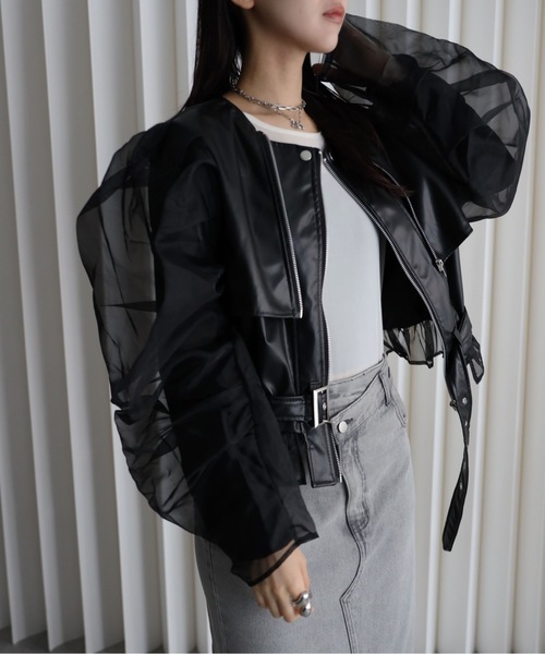 YENNA レザージャケット ライダース オーガンジーボリュームスリーブ