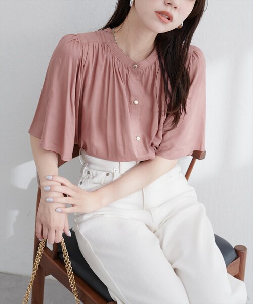 natural couture ブラウス シャツ 「WEB限定」麻混フレア袖ブラウス