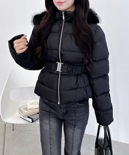 ファー付きウエストベルトダウンジャケット ファー&フード付ウエストベルトダウンジャンパー | レディース