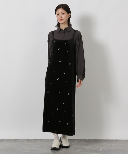 アルベロベロ、オレポレブラ 刺繍 黒色ロングワンピース　未使用 LAKOLE（ラコレ） ワンピース ベロア刺繍キャミワンピース / 595081
