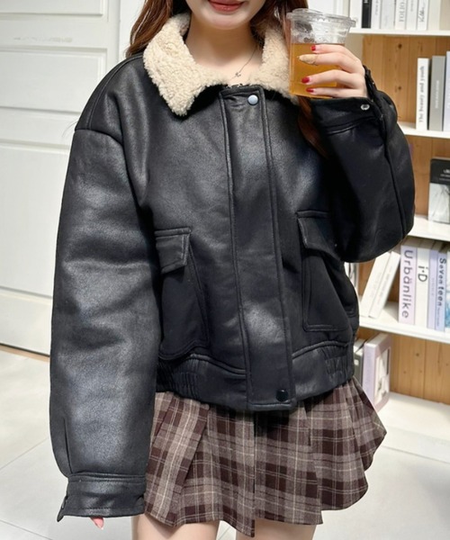 Ada. もこもこ ブルゾン アウター ボア襟 ショート丈 フェイクレザー