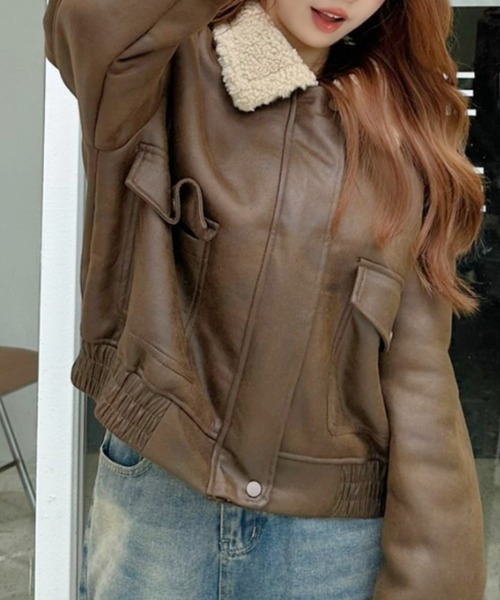 Ada. ブルゾン アウター ボア襟 ショート丈 フェイクレザー ブルゾン