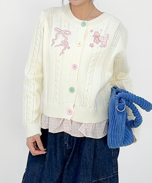 カーディガン HOOK for girls 刺繍リボン ケーブルニットカーディガン