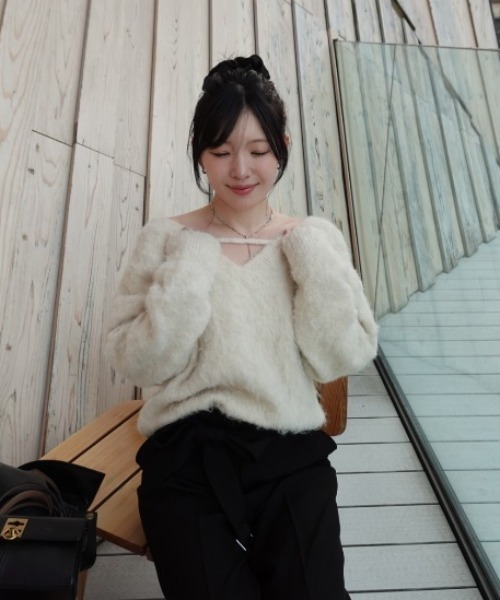 senee ツーウェイＶネックニットトップスホワイト ニット セーター 2way v neck knit tops（2ウェイVネックニット