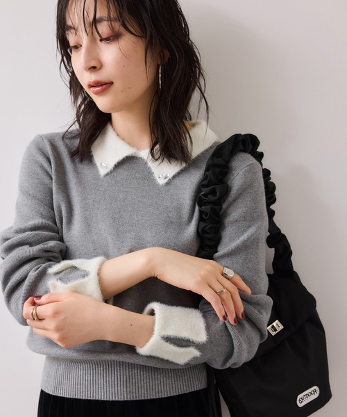 VIS（ビス） ニット セーター ビジュー付きシャギーカラーニット