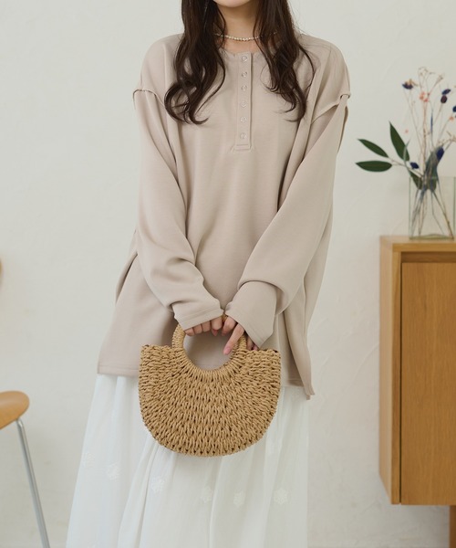 DAYRA tシャツ ヘンリーネック スナップボタン オーバーサイズ 長袖