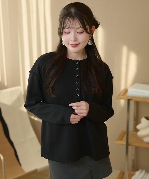 DAYRA tシャツ ヘンリーネック スナップボタン オーバーサイズ 長袖