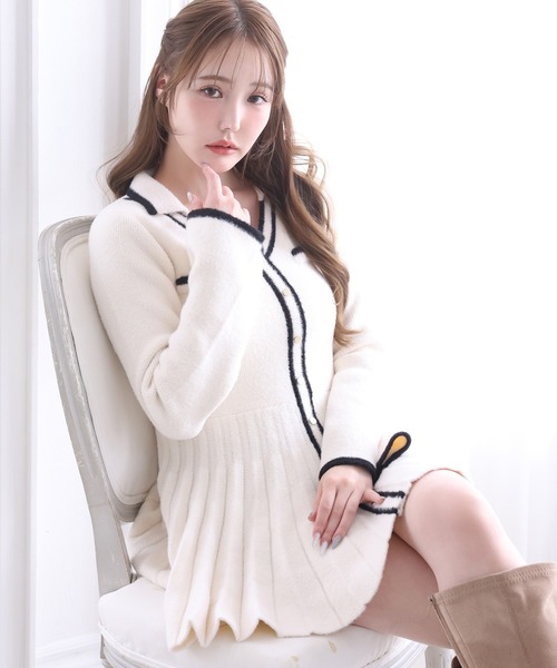 one after another NICE CLAUP ワンピース 襟付き配色ニットミニ