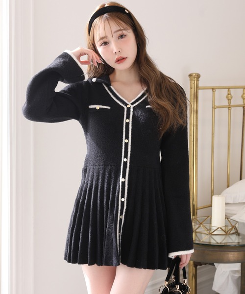 one after another NICE CLAUP ワンピース 襟付き配色ニットミニ