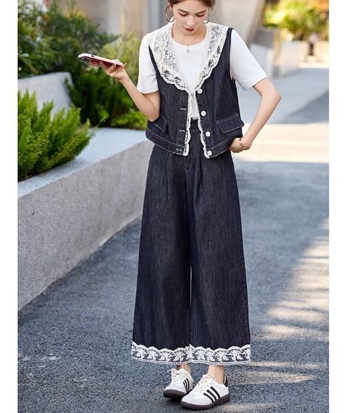 FAVORITO セットアップ デニムノースリーブトップスワイドパンツ
