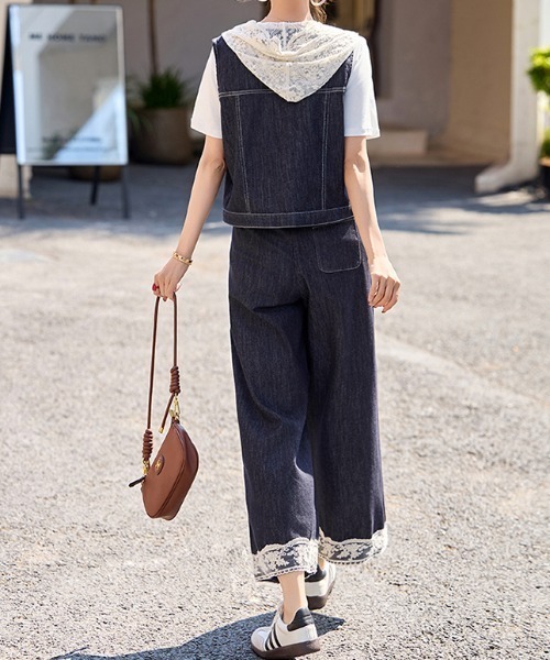 FAVORITO セットアップ デニムノースリーブトップスワイドパンツ