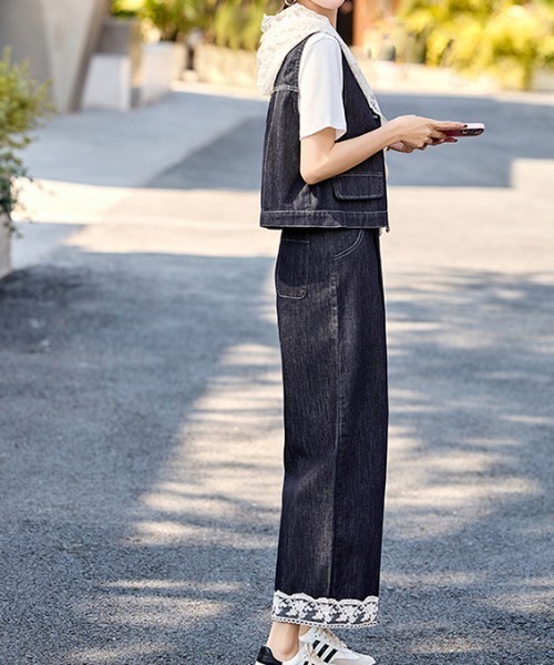 FAVORITO セットアップ デニムノースリーブトップスワイドパンツ