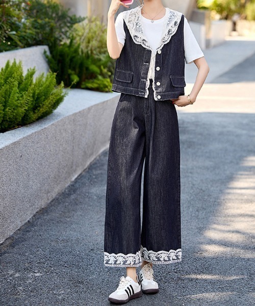 FAVORITO セットアップ デニムノースリーブトップスワイドパンツ