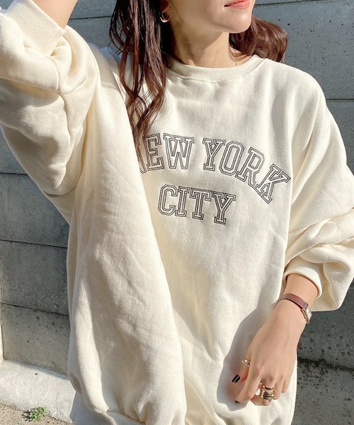 トレーナー スウェット 「hideka select」裏起毛 NEW YORKロゴスウェット / オーバーサイズ スウェット ロゴ トレーナー グリー hideka select》裏起毛 NEW YORKロゴスウェット / オーバー