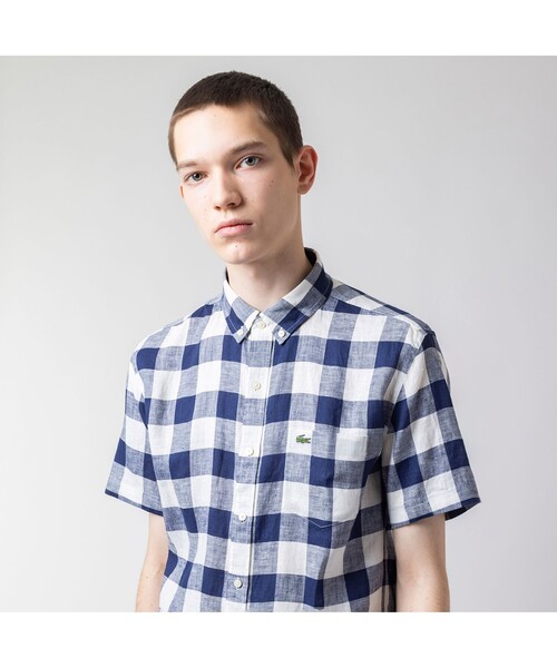 【よ※屋様】LACOSTE リネン混 BD半袖チェックシャツ ライトブルー M LACOSTE ラコステ リネン混 BD半袖チェックシャツ ライトブルー M